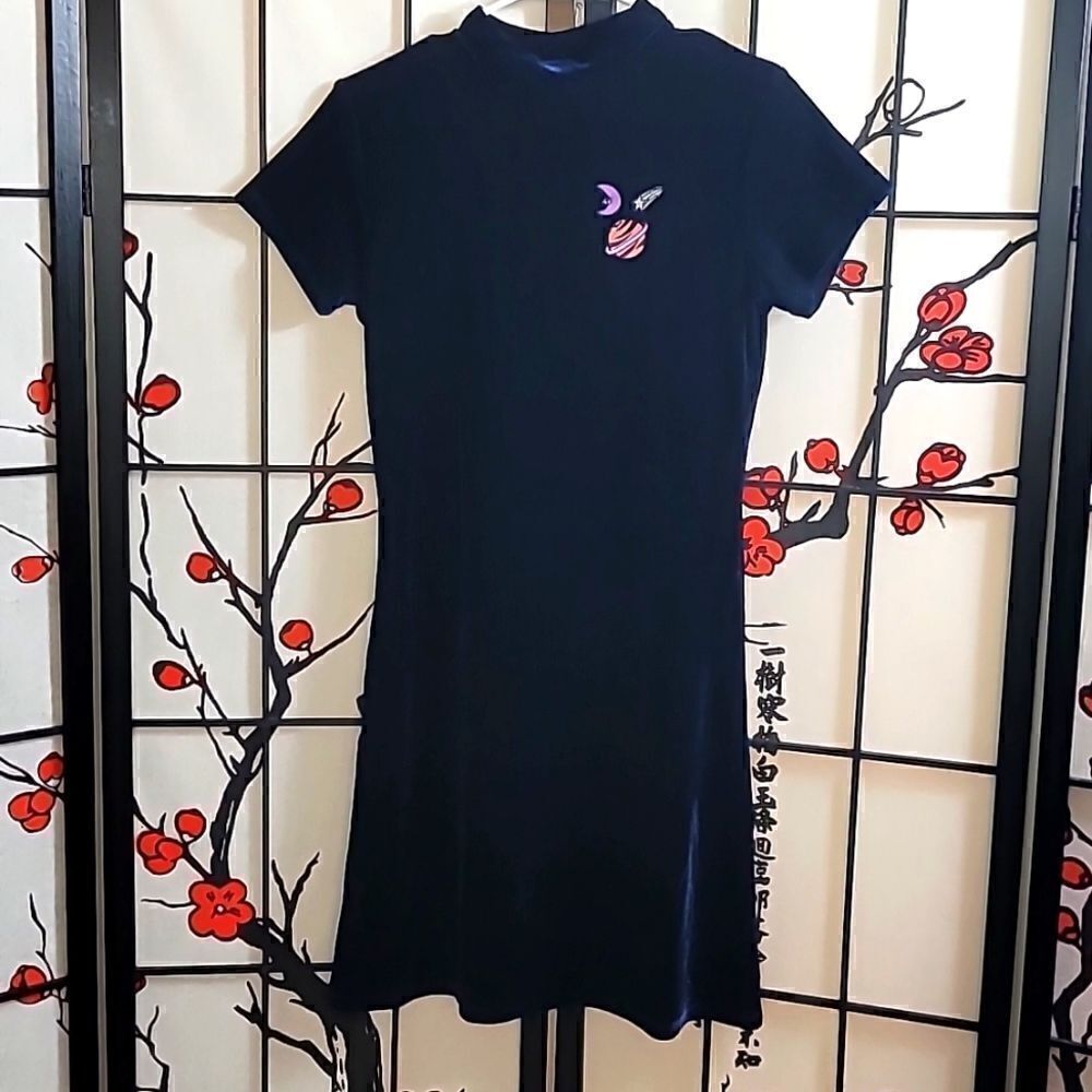 Lazy Oaf Midnight Planet Dress Size L Blue Velvet Celestial Moon